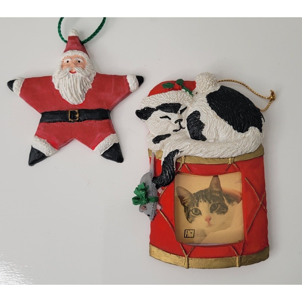 Vintage 1992 Star Santa &‎ Drum Kitten Photo Frame 1991 Christmas Ornaments Lot